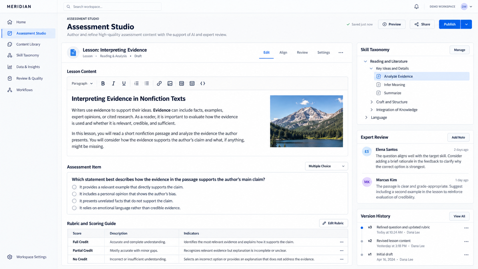 Curriculum-grounded authoring and learning diagnosis · workbench concept