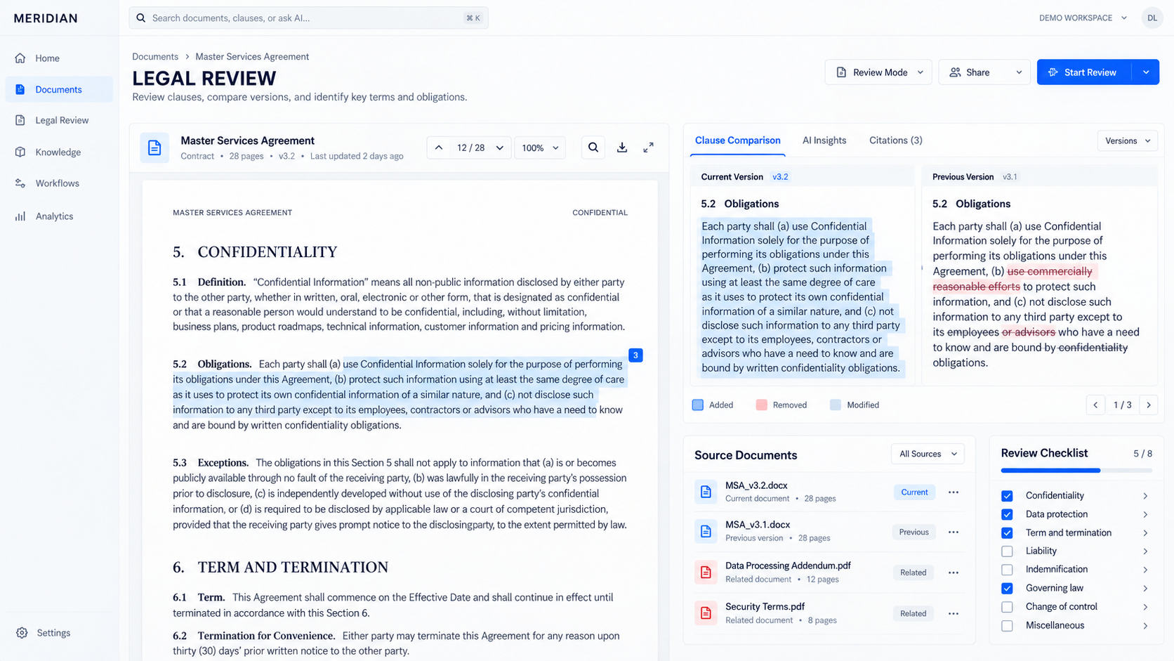 Legal review with citation-level evaluation · workbench concept